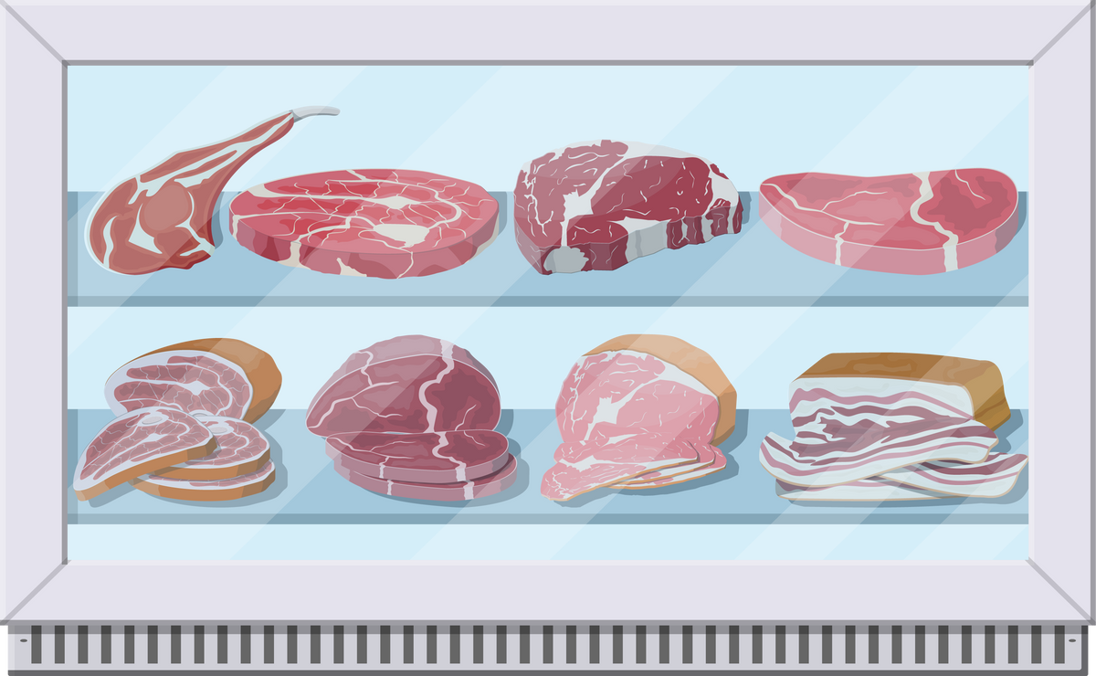 Meat Products in Supermarket Fridge.